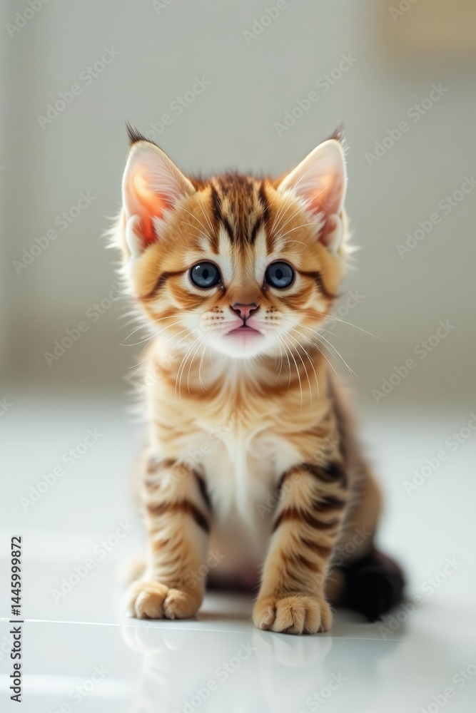 Small playful kitten with shiny fur sitting gracefully on white floor, black, little, sweet Small playful kitten with shiny fur sitting gracefully on white floor, black, little, sweet