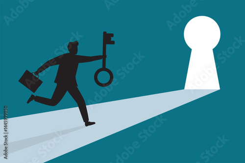 Motivated businessman silhouette holding big key and try to unlock keyhole. Ambitious character running to entrance. Leadership, career growth, business solution concept
