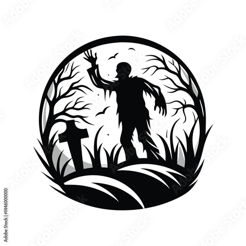 Zombie Silhouette Circle Design, Spooky Creature in Cemetery, Night, Trees, Grave, Birds