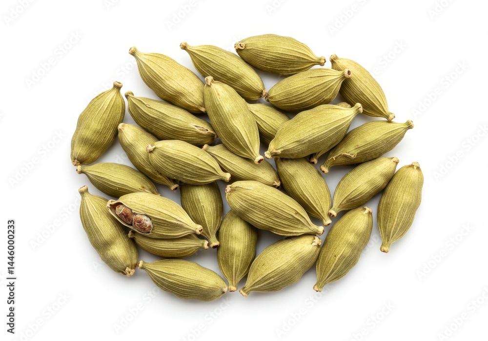 Pile of green cardamom pods, one open, on white background Pile of green cardamom pods, one open, on white background