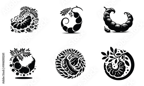 Tamarind Fruit Icons – Hand-Held and Hanging Styles | Black Silhouette Vector