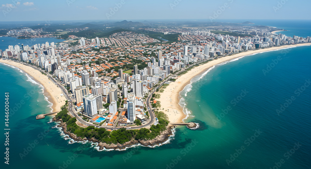 Obraz premium Stunning aerial shot captures a vibrant coastal city with expansive beaches and blue ocean waters.