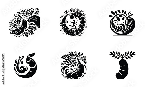 Tamarind Fruit Icons – Hand-Held and Hanging Styles | Black Silhouette Vector