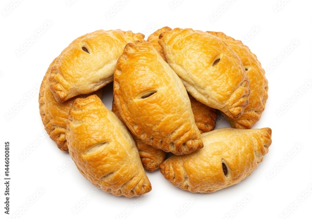 Pile of freshly baked empanadas with golden crusts on white background Pile of freshly baked empanadas with golden crusts on white background