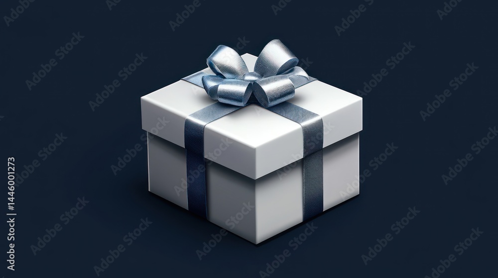 White square gift box with silver ribbon and bow on dark background. White square gift box with silver ribbon and bow on dark background.