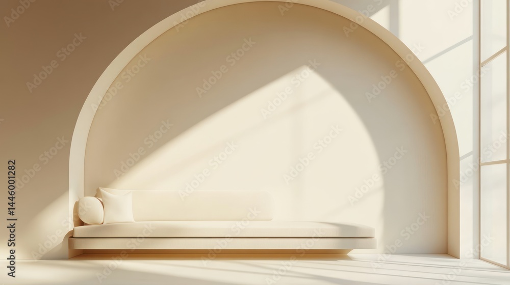 Sunlit minimalist room with arched alcove and built-in bench seating. Sunlit minimalist room with arched alcove and built-in bench seating.
