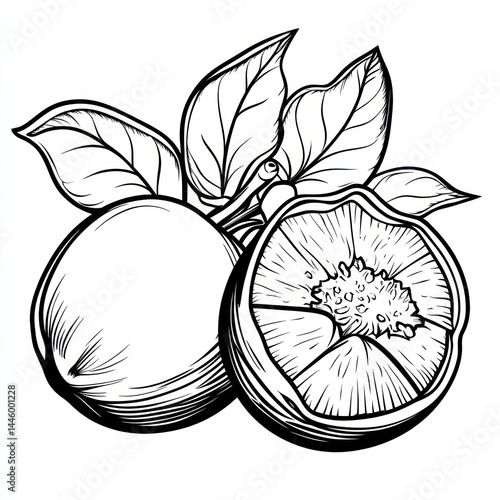 Line art drawing of a whole and halved peach with leaves.
