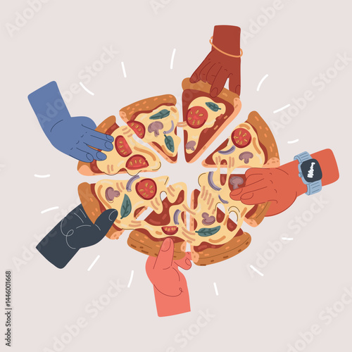 Cartoon vector illustration of hands grabbing pizza slices like a hungry tug-of-war over melted cheese and desire