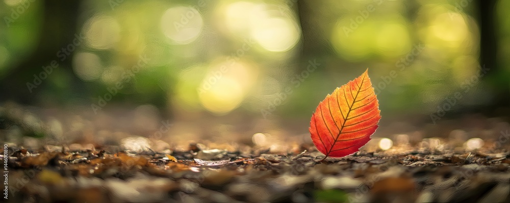 A single vibrant leaf rests on a forest floor amongst debris A single vibrant leaf rests on a forest floor amongst debris