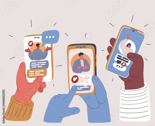 Vector illustration of hands holding phones with messaging apps on screens, like digital windows into distant lives