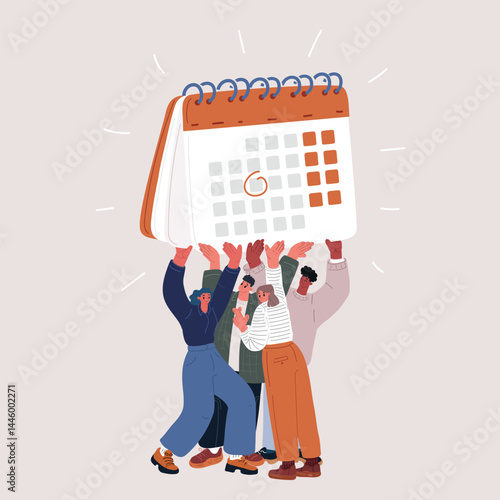 Vector illustration of a group of people holding a calendar above their heads like a shared countdown to something big
