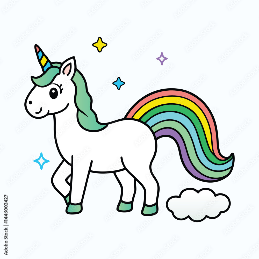 Naklejka premium Kawaii Cartoon Unicorn – Rainbow Mane, Blue Horn & Starry Pastel Vector