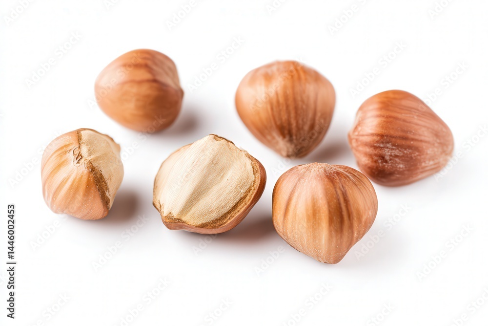 Pile of whole hazelnuts with one cracked open on white background
Pile of whole hazelnuts with one cracked open on white background