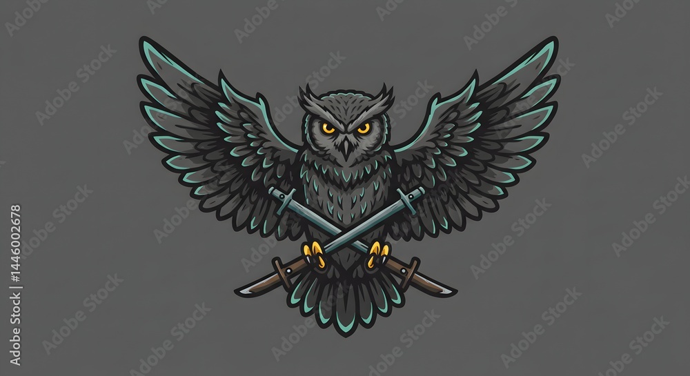 Fototapeta premium Owl with Crossed Swords Illustration