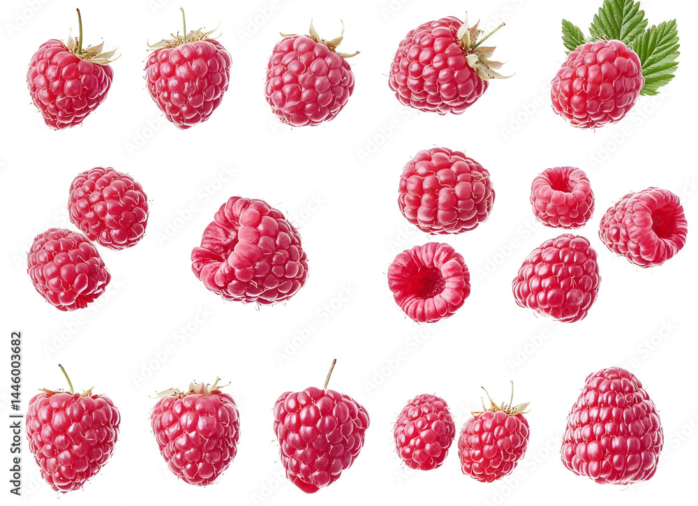Set of ripe raspberries on a transparent background. Large collection of juicy raspberries Set of ripe raspberries on a transparent background. Large collection of juicy raspberries