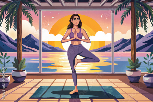 Amazing Beautiful woman doing yoga at sunset time in a home 