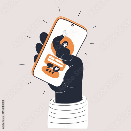 Vector illustration of a hand holding a smartphone with a messenger app open, bridging the gap between friends through digital conversation