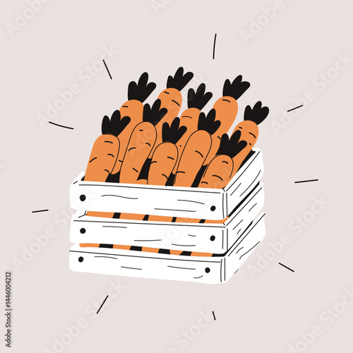 Vector illustration of a crate filled with fresh carrots, symbolizing harvest and healthy, natural produce