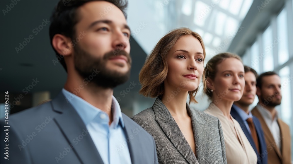 In a sleek corporate environment, a group of business professionals stands side by side, poised and focused In a sleek corporate environment, a group of business professionals stands side by side, poised and focused