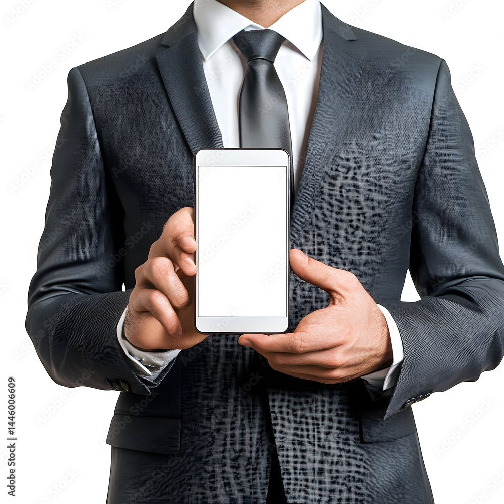 Hand business man holding mobile smartphone with blank screen isolated on white background Hand business man holding mobile smartphone with blank screen isolated on white background