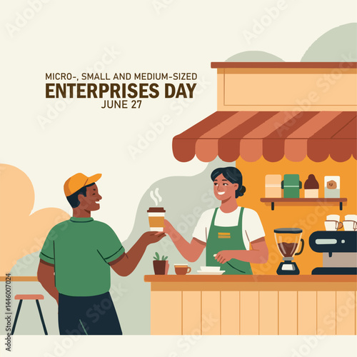 Vector illustration of man selling coffee in roadside cafe as banner or poster, Micro-, Small and Medium-sized Enterprises Day.	