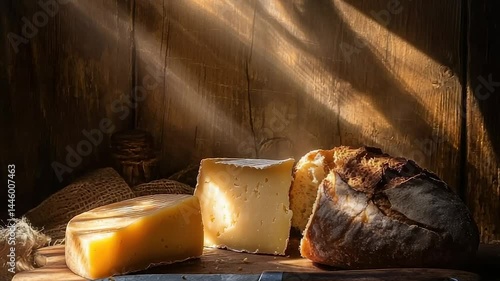 Aged cheese and rustic bread, sunlit still life