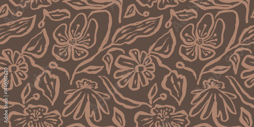Brush strokes inky flowers brown seamless pattern. Abstract floral contemporary background. Textured botanical minimalist wallpaper