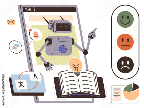 Robot processing tasks on phone interface, glowing book symbolizing learning, translation, communication, user feedback, and notifications. Ideal for AI, education, language UX design analysis