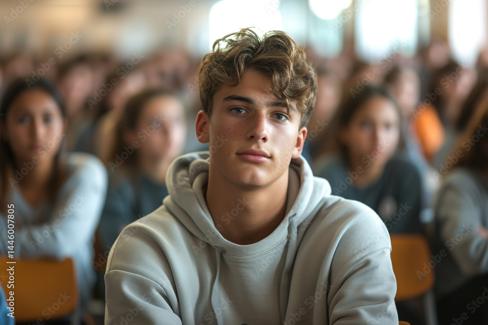 ONE solitary male high school student, surrounded by one multitude of peers, embodies unique poignant notion of isolation and loneliness stemming from mental illness ONE solitary male high school student, surrounded by one multitude of peers, embodies unique poignant notion of isolation and loneliness stemming from mental illness