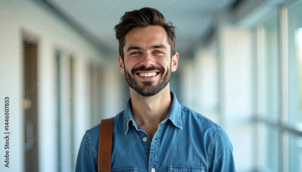 Happy young man in office corridor Happy young man in office corridor