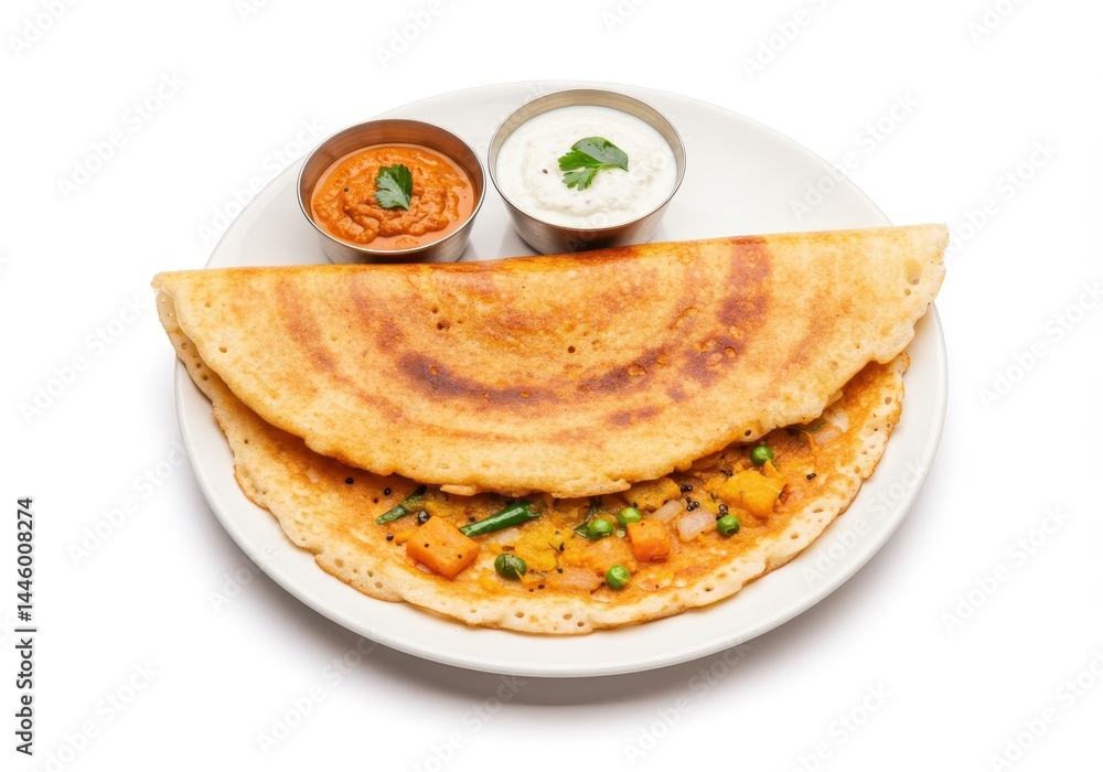 Masala dosa with chutney and yogurt on a white plate, indian cuisine Masala dosa with chutney and yogurt on a white plate, indian cuisine