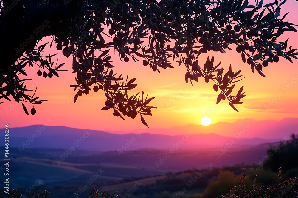 Silhouette of olive tree branches against tuscan sunset and rolling hills landscape Silhouette of olive tree branches against tuscan sunset and rolling hills landscape