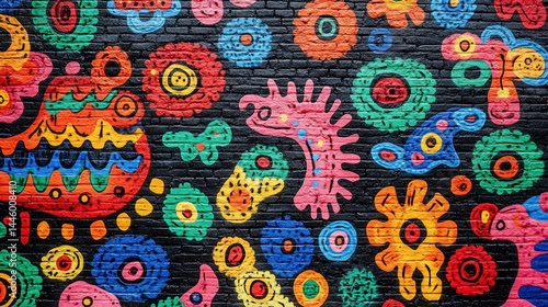 Vibrant abstract mural on a dark brick wall.  Colorful, intricate patterns and shapes cover the surface