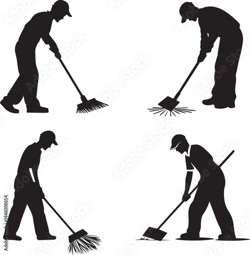 Cleaner Sweeping the floor flat black silhouette vector
