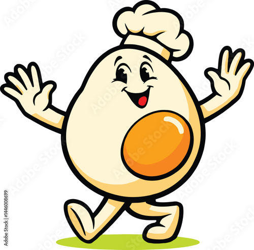 Mascot of happy egg character with chef hat and arms up.