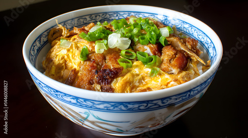 Crispy Fried Katsudon Bowl with Egg and Green Onions for Comfort Food Enjoyment