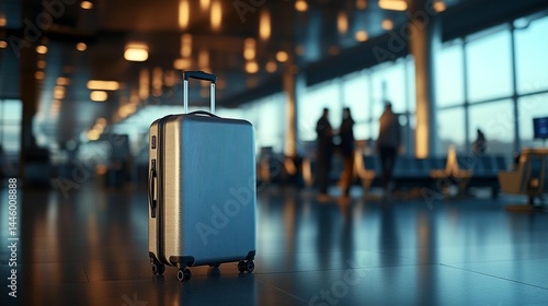Silver suitcase stands alone in a bustling airport terminal, awaiting its owner.