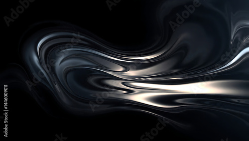 Black Fluid Swirl: Shiny Abstract Background Texture with Dynamic Motion and Light Contrast