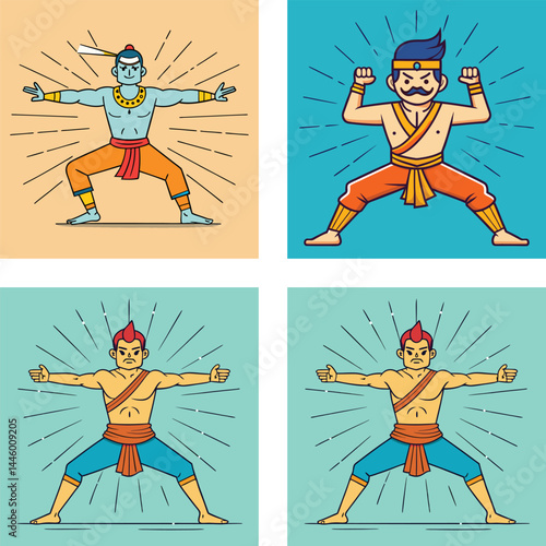 Cartoon Warriors In Action Colorful Characters With Dynamic Poses And Stylish Design