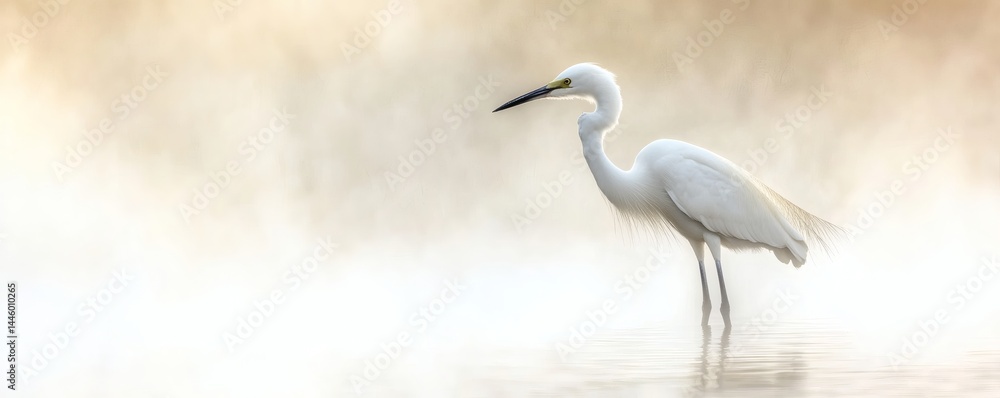 Naklejka premium A beautiful white bird stands in shallow water amongst the mist