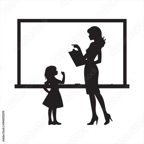 Black and white silhouette vector of a woman and a girl standing in front of a blank whiteboard.