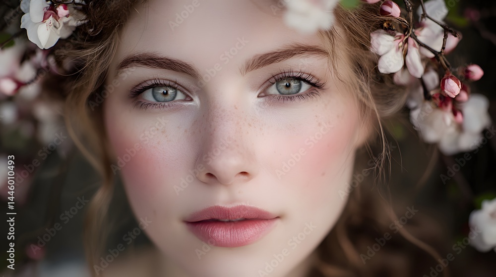 A close-up portrait of a stunning woman framed with delicate cherry blossoms, looking serene. A close-up portrait of a stunning woman framed with delicate cherry blossoms, looking serene.