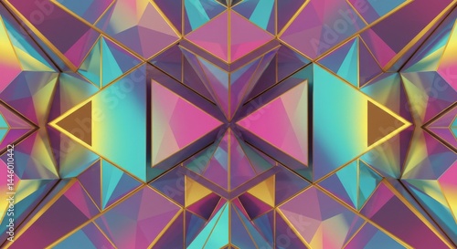 Bold geometric shapes layered and intersecting, filled with gradient holographic textures and gold outlines. High contrast lighting, vivid magenta, cyan, and yellow hues. Composition symmetrica