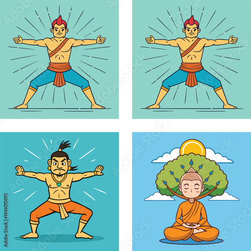 Asian Cartoon Character Set Warriors And Monks Peace Harmony Illustration