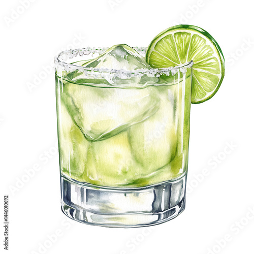 PNG Tommy's Margarita cocktail with lime wheel and ice cubes in a clear lowball glass. Watercolor illustration isolated on transparent background. Tequila-based summer drink. Mexican cocktail