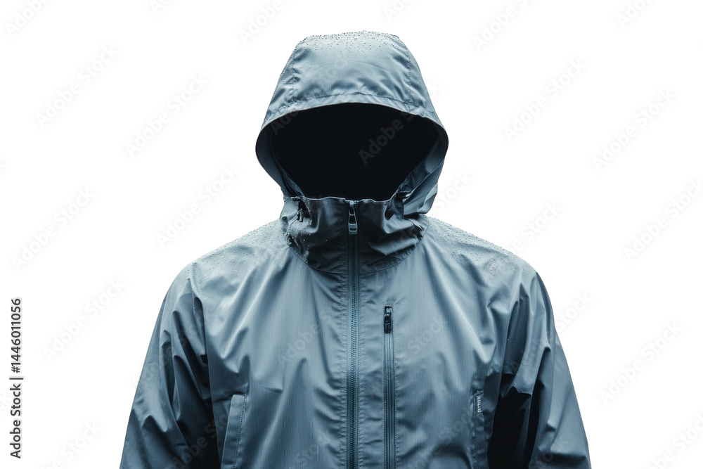 Mysterious hooded figure in a grey jacket stark white background a study in anonymity Mysterious hooded figure in a grey jacket stark white background a study in anonymity