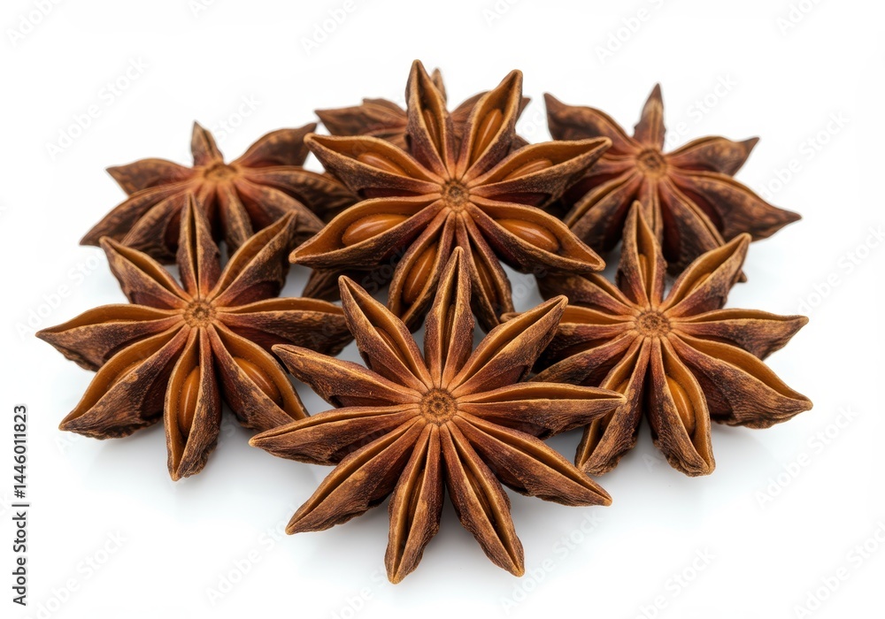 Pile of brown star anise pods on white background, culinary spice Pile of brown star anise pods on white background, culinary spice