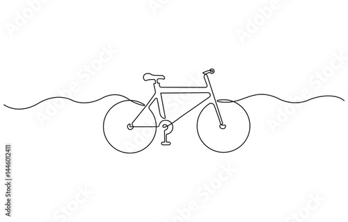Bicycle in continuous line drawing. Minimalist design representing cycling, transportation, and an active lifestyle, bike single line art illustration. Editable vector.