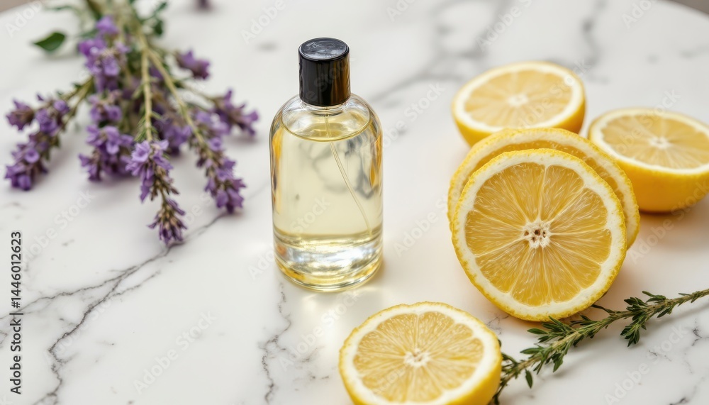 A small glass bottle with liquid sits on a marble surface, surrounded by sliced lemons, lavender flowers, and greenery. A small glass bottle with liquid sits on a marble surface, surrounded by sliced lemons, lavender flowers, and greenery.