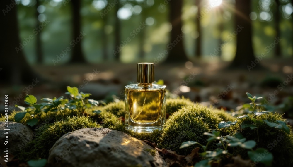 A perfume bottle sits on lush moss in a sunlit forest, surrounded by greenery and natural beauty. A perfume bottle sits on lush moss in a sunlit forest, surrounded by greenery and natural beauty.